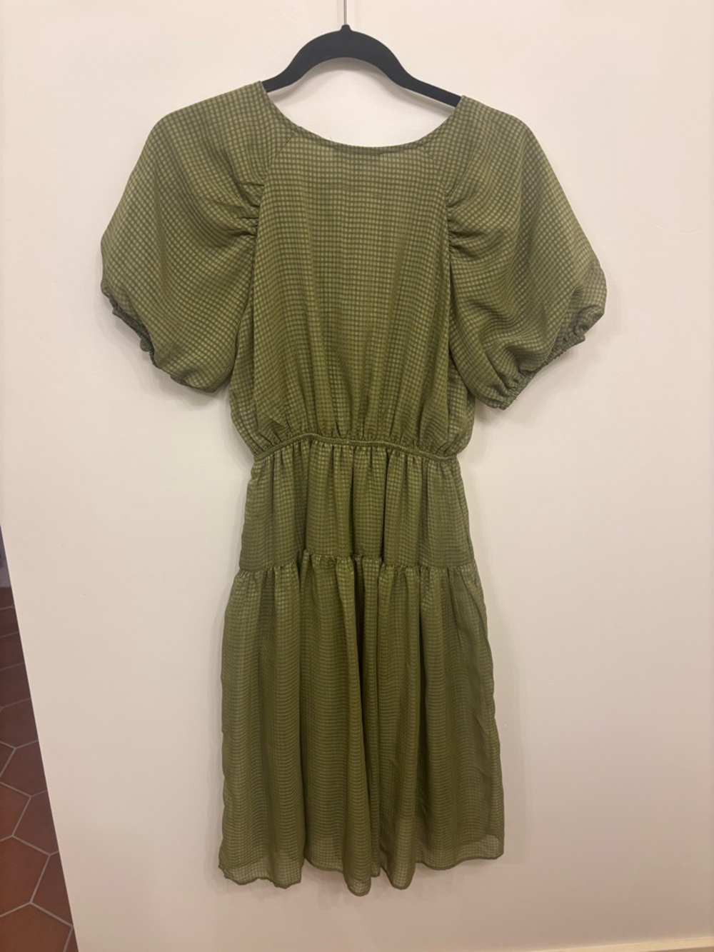 Moon River Olive Green Wrap-Style Midi Dress with Puff Sleeves modest summer - Picture 2 of 4
